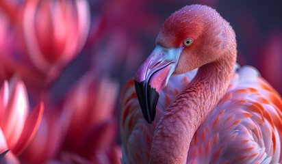 Portrait of a beautiful pink flamingo on a natural tropic background