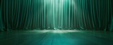 Fototapeta  - Enhanced by a vivid spotlight, the green theater curtains intensify the theatrical atmosphere. Concept Theater Curtains, Spotlight, Theatrical Atmosphere