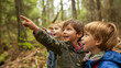Children enthusiastically participate in a forest scavenger hunt, with a pointing child indicating an unseen discovery.