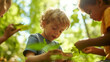 A child teaching his friends to identify different types of leaves, with a backdrop of a lush forest, emphasizing learning and curiosity
