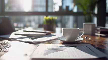 cup of coffee and laptop. Business photo composition, simple business background. Generative AI