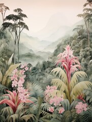  Muted Watercolor Mountain Ranges: Rainforest Landscape with Dense Flora
