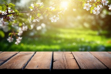 Empty rustic wooden table for mockup product display. With spring garden in background. Ai Generative