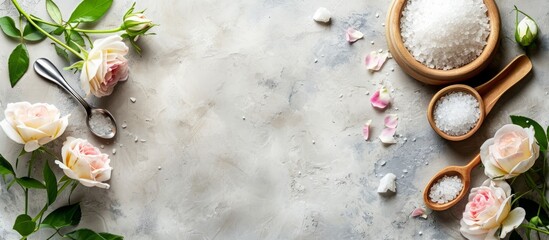 Poster - A wooden bowl of salt sits on a table with spoons, surrounded by potted roses. The setting evokes a serene atmosphere for creating a recipe with fresh herbs and leafy vegetables