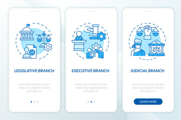 Wall Mural - branches of government blue onboarding mobile app screen. walkthrough 3 steps editable graphic instr