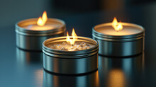 Three Candles Sitting On Top Of Table. Can Be Used To Create Cozy Ambiance Or As Centerpiece For Various Occasions