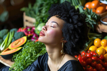 Woman sitting in front of pile of fruit and vegetables. Suitable for healthy eating or grocery shopping concepts