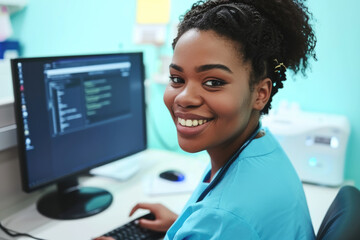 Wall Mural - Woman sitting at desk in front of computer. Suitable for business, technology, or remote work concepts