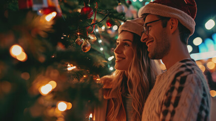 Wall Mural - Picture of man and woman standing next to Christmas tree. Suitable for holiday greetings and family celebrations