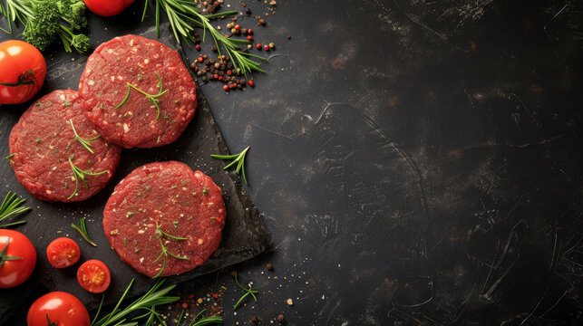mince beef meat, raw meat cutlets. top view. space for text. raw ground beef burger patties on a bla