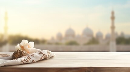 Empty marble table with Islamic landscape banner.