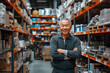 © boxstock production - Smiling middle-aged Asian man standing in hardware warehouse with folded arms surrounded by equipment racks