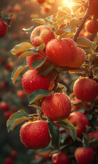Wall Mural - Organic red ripe apples on the orchard tree with green leaves