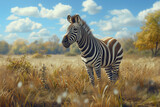 Fototapeta  - a zebra stands tall amidst the lush grass of the savanna. zebra standing in grass field