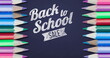 Image of back to school sale with colour pencils on purple circles