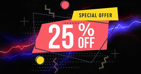 Image of special offer 25 percent off text on electric light trails background