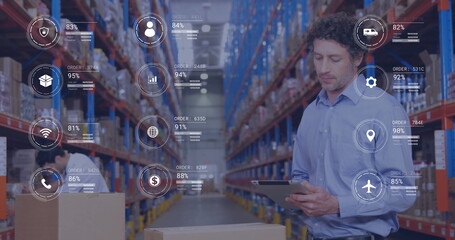 Poster - Image of icons with data processing over caucasian male worker using tablet in warehouse