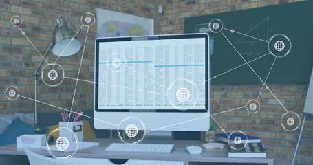 Canvas Print - Image of network of conncetions with icons over computer with data processing on desk