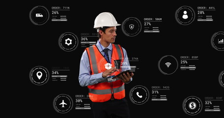 Wall Mural - image of icons with data processing over caucasian male worker using tablet
