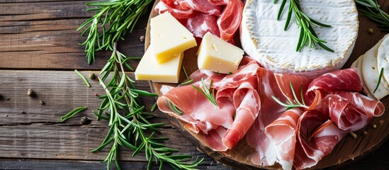 Canvas Print - A wooden cutting board displaying a mix of meat and cheese, set atop a rustic wooden table, showcasing a blend of ingredients for a delectable dish