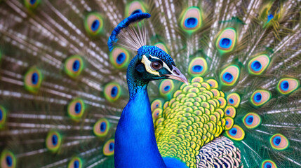 Wall Mural - Peacock with fanned tail. The Indian or blue peafowl dance display. Male peacock dancing gracefully and colorful.