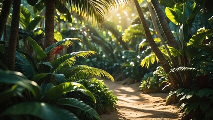 Tropical island with palms, Tree in the garden, tropical evergreen forest and leaves plant wallpaper, tropical wallpaper, green plant and leaves background