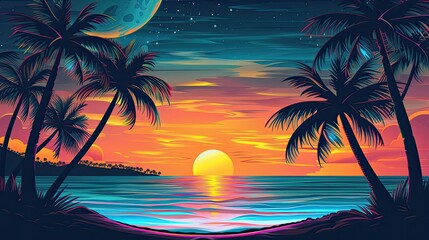 Sticker - Sunset with palms. Generative AI