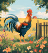 Beautiful cartoon rooster walking in the countryside., in the village. In the background is a field, a house and sky. The illustration is framed with tree branches and flowers. Children's illustration