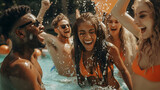 Fototapeta Krajobraz - Group Of Friends Having Fun Party In Swimming Pool