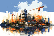Construction Site With A Tower Crane. Excavators Are Digging The Ground. Buildings Are Being Erected By Cranes. Panoramic View Of The Construction Site. Background For Presentation, Poster, Cover. EPS