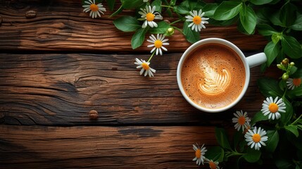 Cup of coffee and coffee beans and flowers on wooden background. Copy space for text, top view