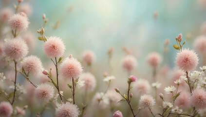  Cottony pink flowers in bloom over pastel blue background. Wallpapers, copy space. Spring landscapes series.