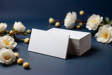 Wall Mural - Business card mockup, invitations and beautiful white flowers on dark blue background . copy space. Empty blank sheet card mock up 