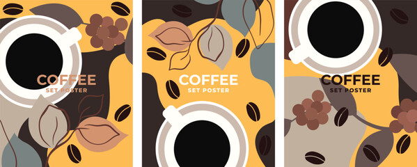 Wall Mural - Vector drawing  tree coffee beans stains in coffee tones. Set of coffee design drawings. Banner poster flyer card template coffee theme. Vector file design elements.