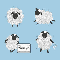 Set of cute cartoon sheep made of yarn balls. Vector illustration