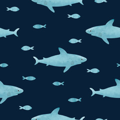 Wall Mural - Seamless watercolor sharks and fish pattern. Vector sea background