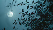 moon and tree, an image of a full moon and leaves, in the style of minimalistic landscapes, uhd image, naturalist aesthetic, light black and sky-blue, mediterranean landscapes,