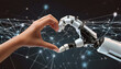 Main de femme touchant une main métallique d'un robot pour former un cœur. Concept harmonie entre technologie IA et humain, sur une fond de réseau informatique