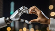 © -Y4NN- - Main humain touche main métallique d'un robot pour former un cœur. Concept harmonie entre technologie IA et homme, sur un fond sombre flou.