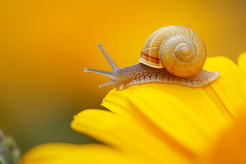 A wet snail moves slowly through yellow flowers. The garden after the rain. Tiny snail alongside a yellow flower. Close-up snail on a petal of yellow flower on green background.