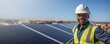 © JoelMasson - Solar power concept with African man wearing safety helmet and vest. Solar panel installation banner background.