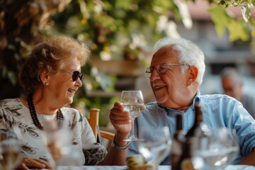 Wall Mural - Older couple looking at each other in complicity during a celebration on a terrace