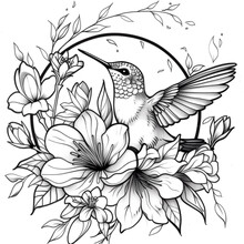 Black And White Hummingbird And Flowers Tattoo Design