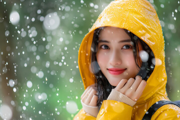 Wall Mural - Happy smiling korean girl in a yellow raincoat hiking in rainy weather. Active healthy lifestyle.