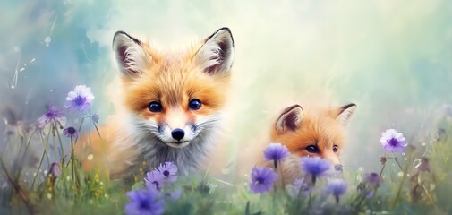Wall Mural - painting style illustration with grungy brush stroke texture, cute two fox baby walking in flower blossom wildflower meadow,  dreamlike atmosphere,  Generative Ai