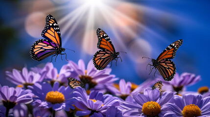 Wall Mural - Orange butterflies fly over purple daisies against a background of blue sky with sun rays.