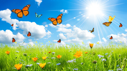 Wall Mural - Orange butterflies fly over a summer meadow against a blue sky.