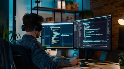 A software developer and UI designer collaborating over code and design on dual monitors