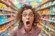 woman with an astonished and surprised look running through the aisles of a supermarket