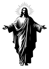 Jesus Christ with open arms monochrome clip art. Flat vector illustration